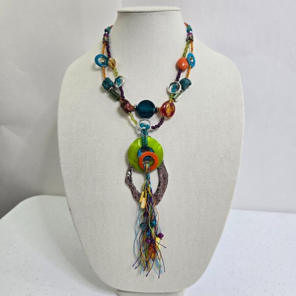 Treska Necklace Earrings Set Fringe Rainbow Shell Long Statement Boho Beaded - Picture 2 of 9